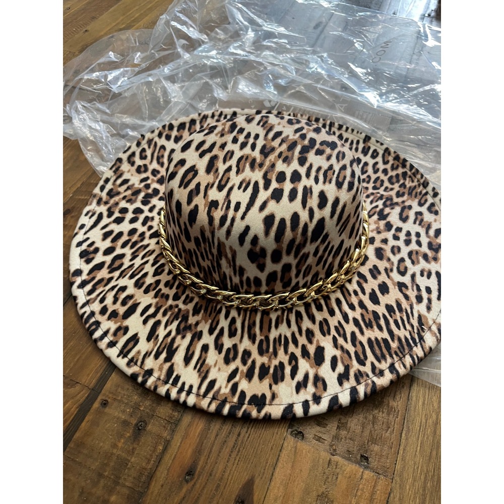 VENUS Wide Brim Fedora Gold Chain Leopard Print Women OS Tan Brown Animal Hat